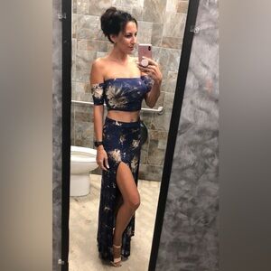 Blue tie dye two piece skirt and off the shoulder top set. Size Small.